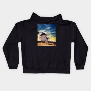 Greek windmill sunset Kids Hoodie